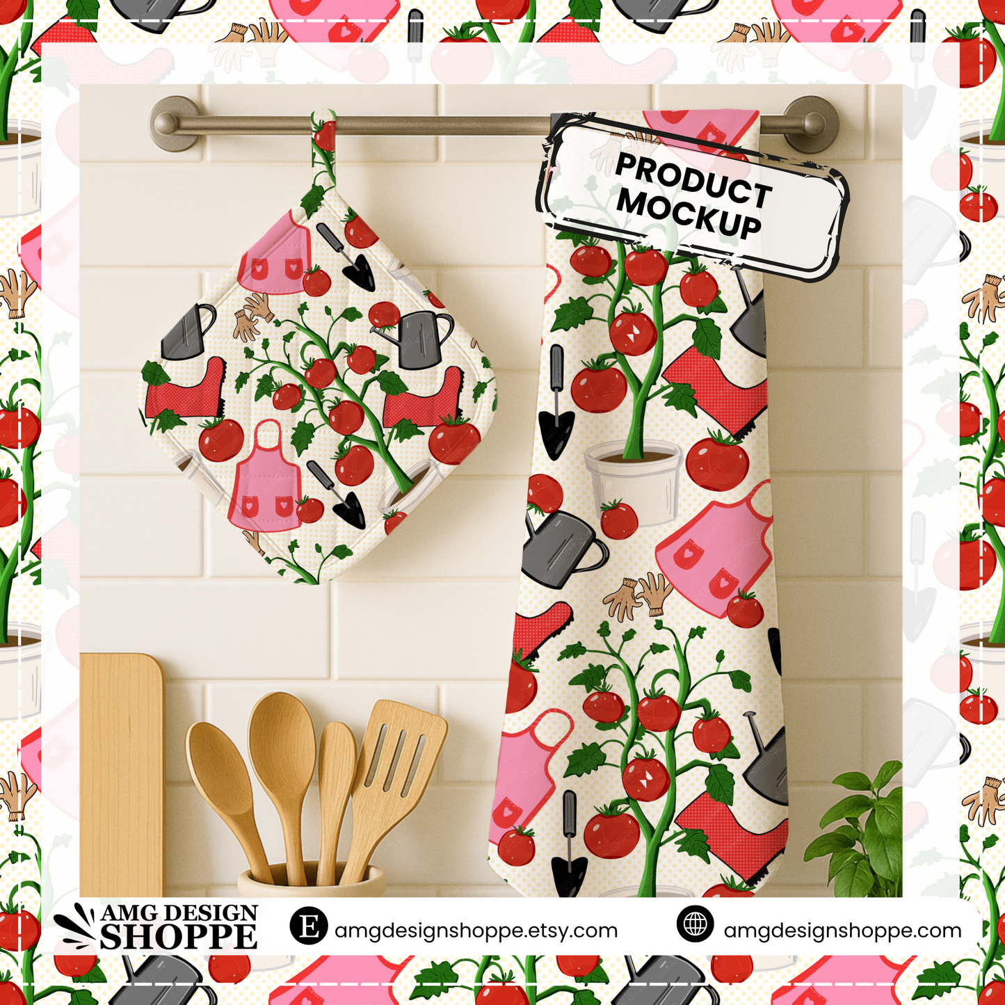 Tomato Garden Seamless Pattern – Cute Gardening Clipart with Aprons, Boots, Watering Cans, and Tomatoes – Digital Download