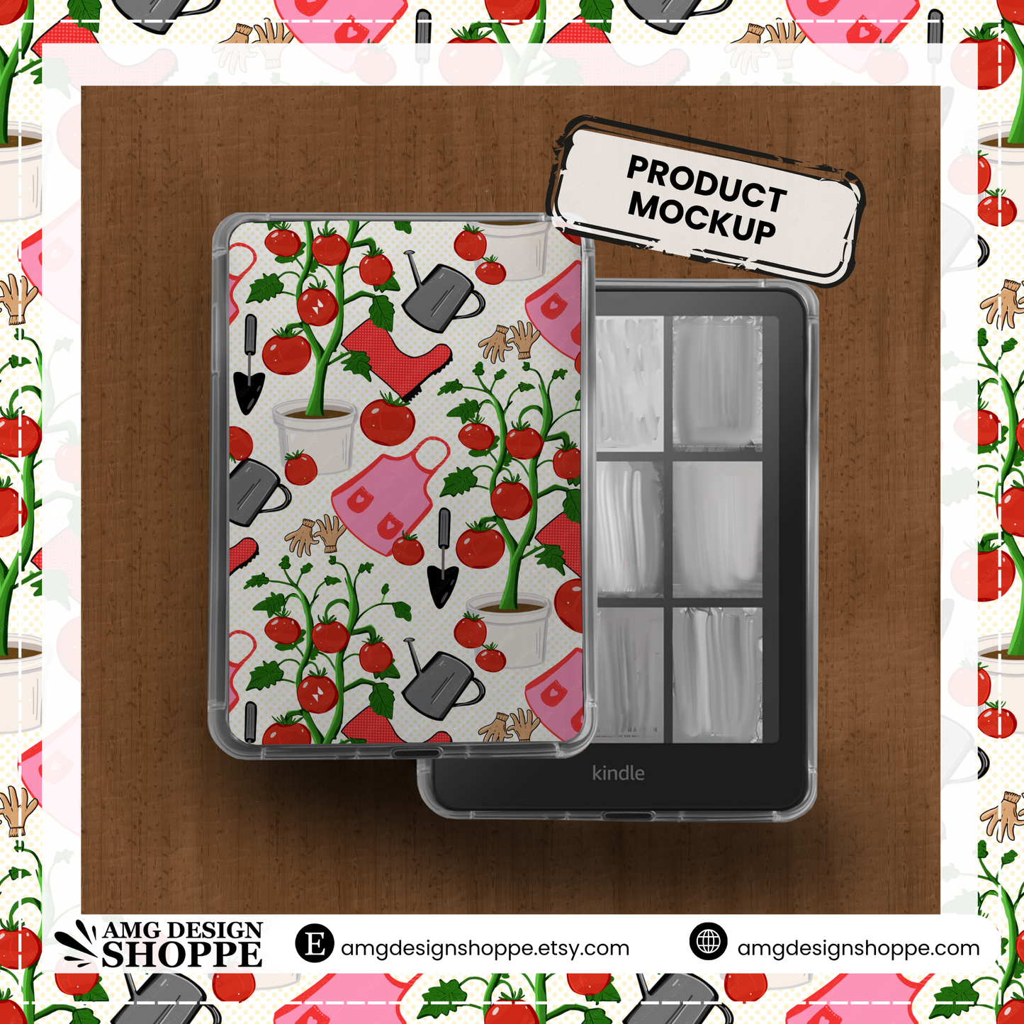 Tomato Garden Seamless Pattern – Cute Gardening Clipart with Aprons, Boots, Watering Cans, and Tomatoes – Digital Download