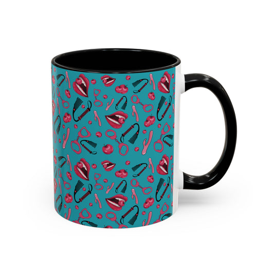 Mug with Playful Mouth, Cherries, and Handcuffs Design