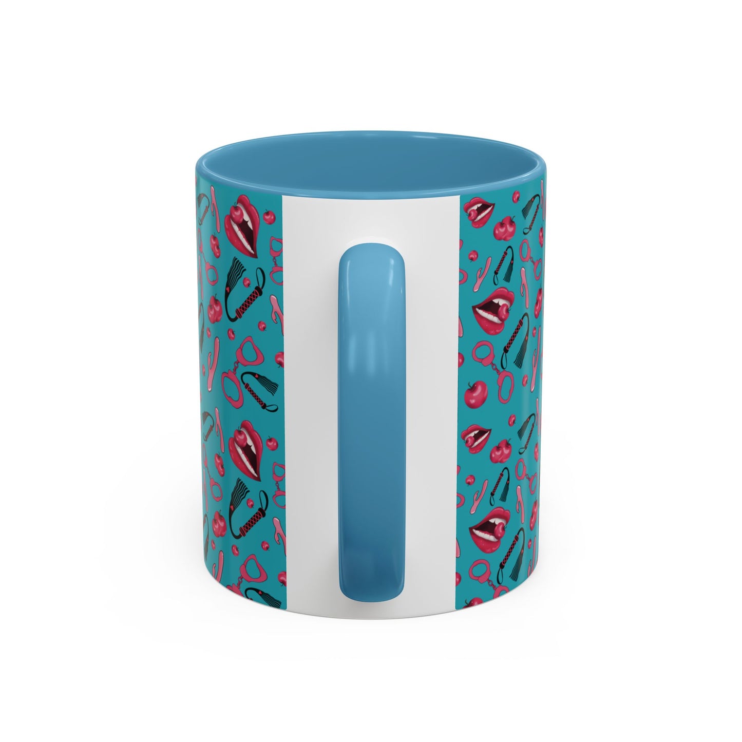 Mug with Playful Mouth, Cherries, and Handcuffs Design