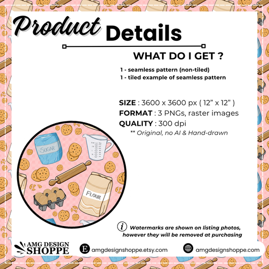 Baking Seamless Pattern – Chocolate Chip Cookies, Flour, Sugar & Kitchen Tools – Cute Digital Background Sublimation, Fabric, Scrapbooking