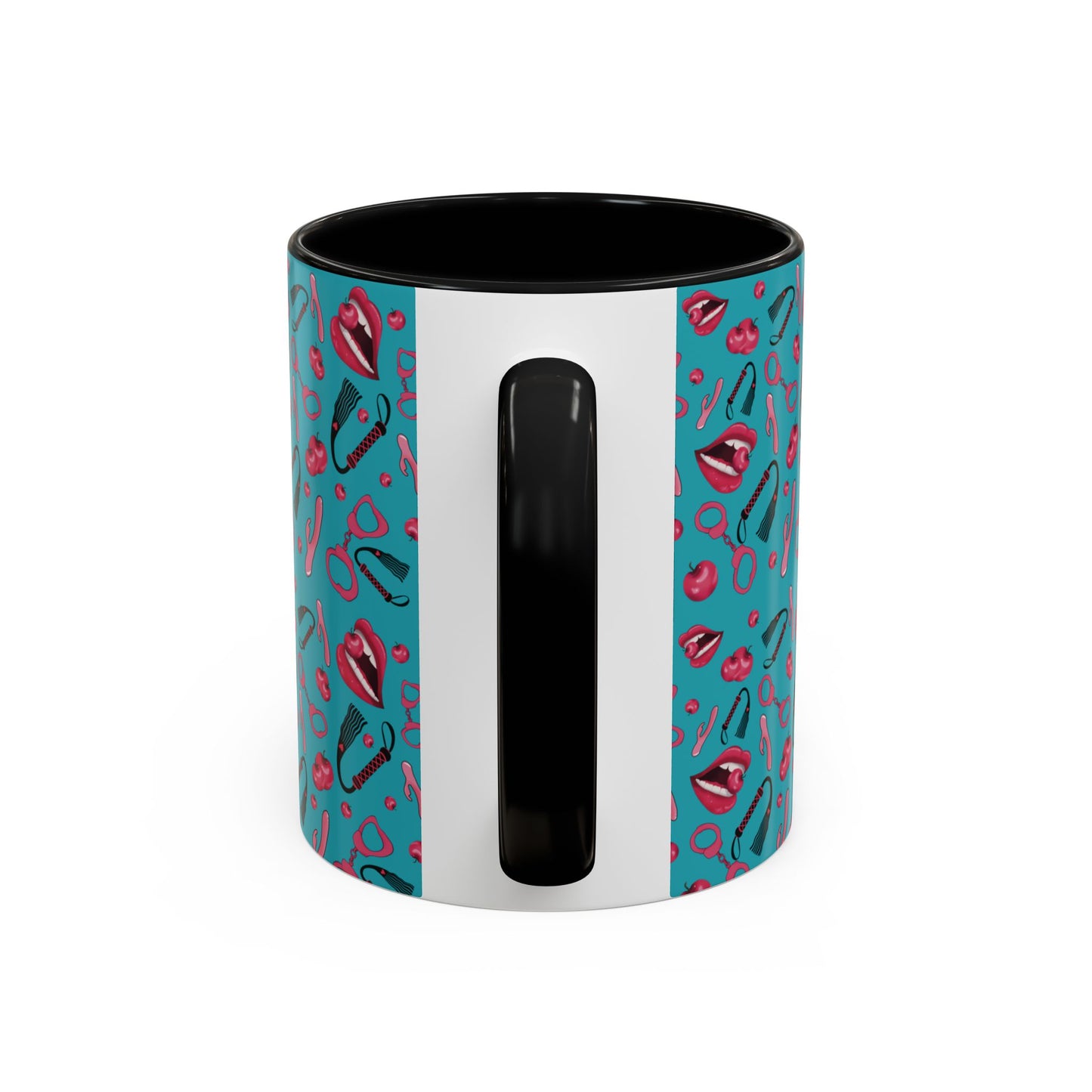 Mug with Playful Mouth, Cherries, and Handcuffs Design