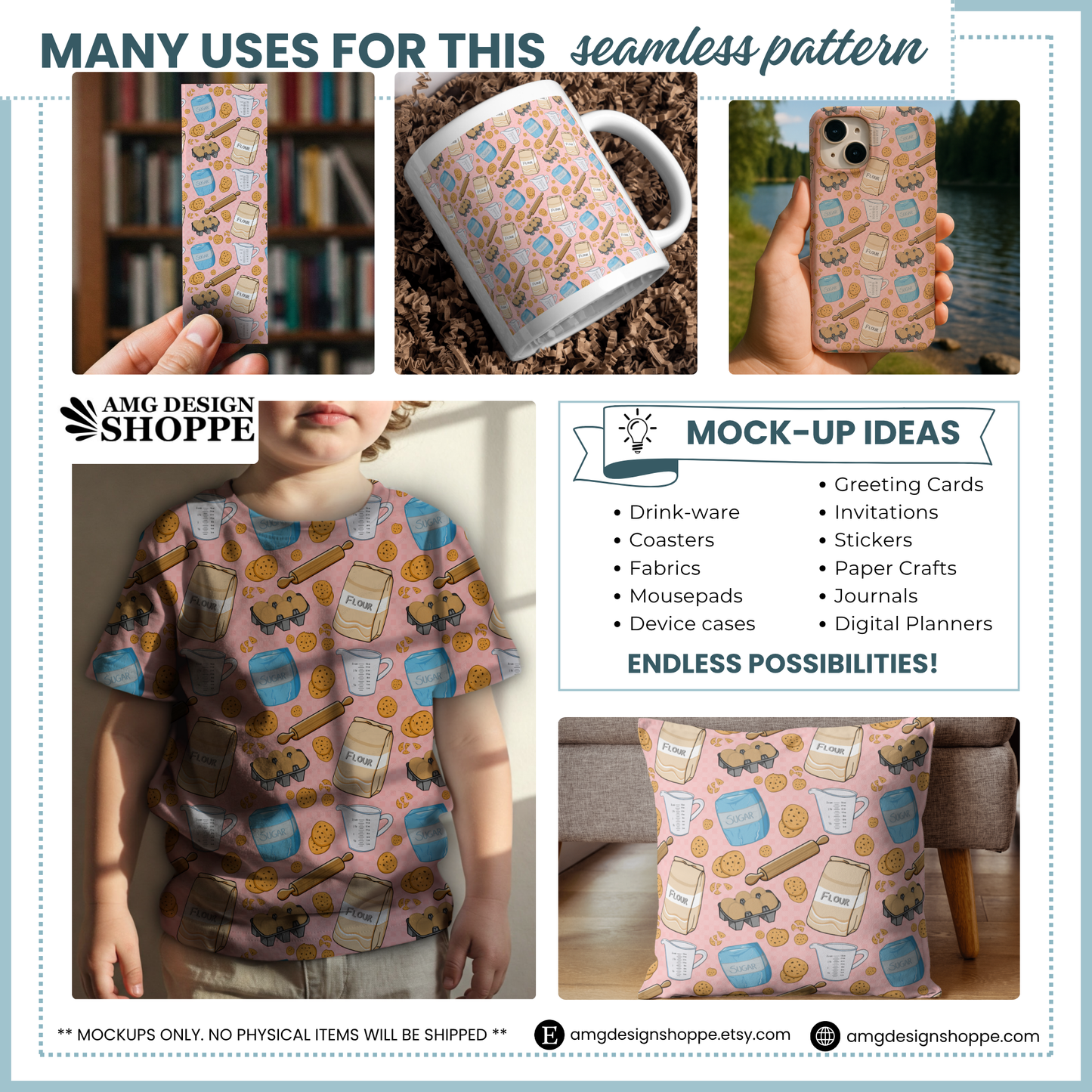 Baking Seamless Pattern – Chocolate Chip Cookies, Flour, Sugar & Kitchen Tools – Cute Digital Background Sublimation, Fabric, Scrapbooking
