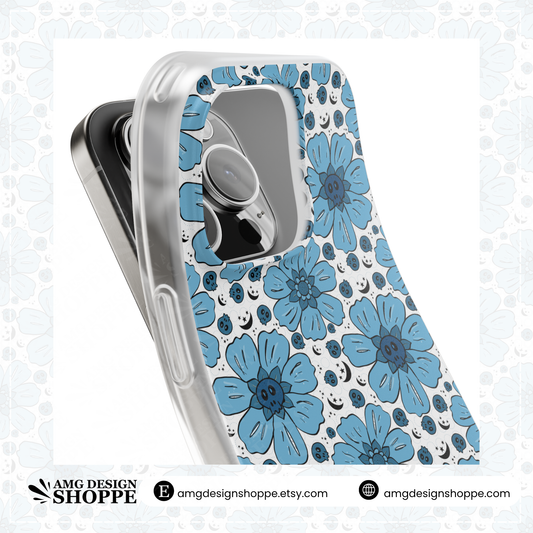 Blue Flower & Skull Flexible Phone Case - Edgy hand drawn Flower Design, Gift for Teens, Summer Vibe, cute skulls, i-phone case