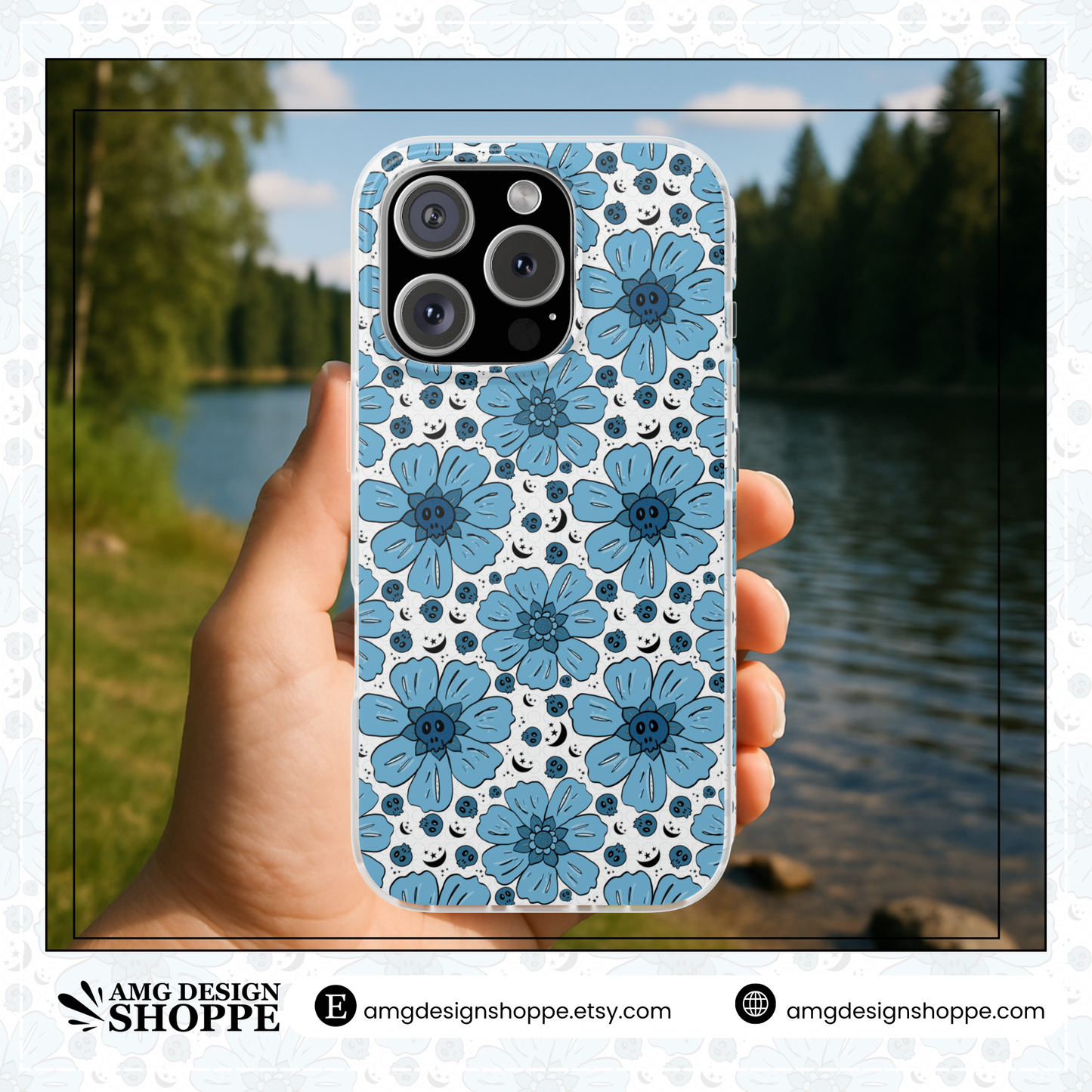 Blue Flower & Skull Flexible Phone Case - Edgy hand drawn Flower Design, Gift for Teens, Summer Vibe, cute skulls, i-phone case