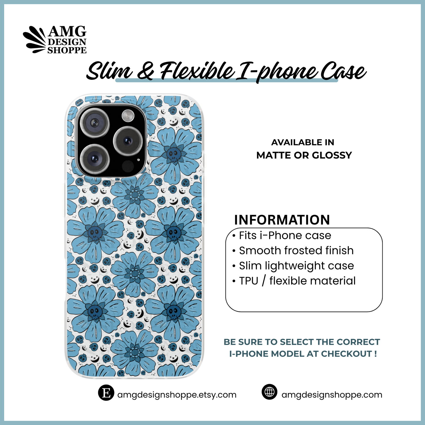 Blue Flower & Skull Flexible Phone Case - Edgy hand drawn Flower Design, Gift for Teens, Summer Vibe, cute skulls, i-phone case