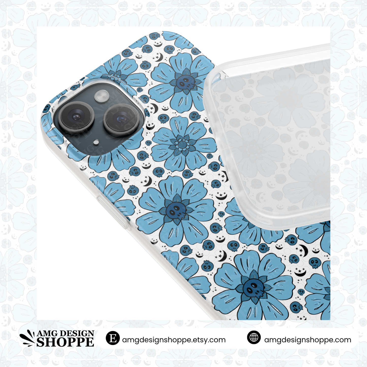 Blue Flower & Skull Flexible Phone Case - Edgy hand drawn Flower Design, Gift for Teens, Summer Vibe, cute skulls, i-phone case