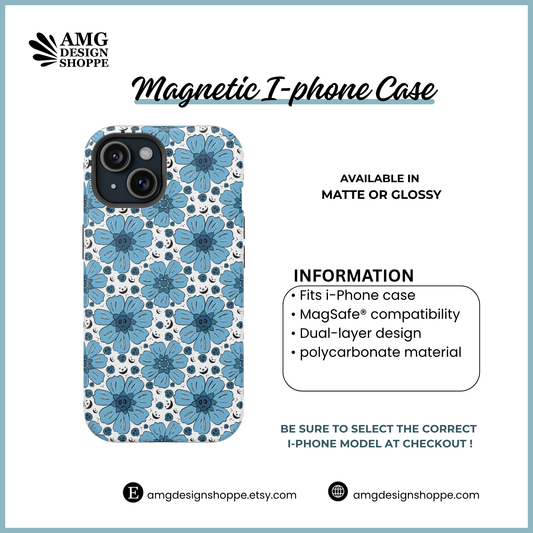 Blue Flower & Skull Magnetic Tough Phone Case - Edgy Flower Design, Durable Protection, Gift for Teens, Summer Vibe, Eco-friendly