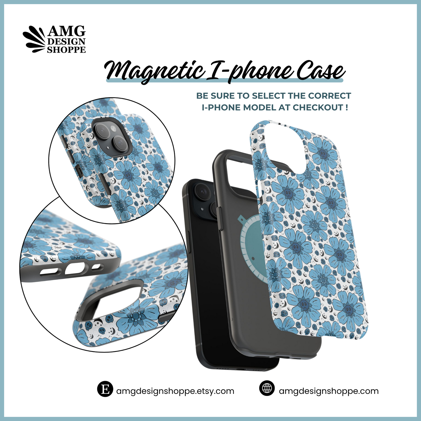 Blue Flower & Skull Magnetic Tough Phone Case - Edgy Flower Design, Durable Protection, Gift for Teens, Summer Vibe, Eco-friendly