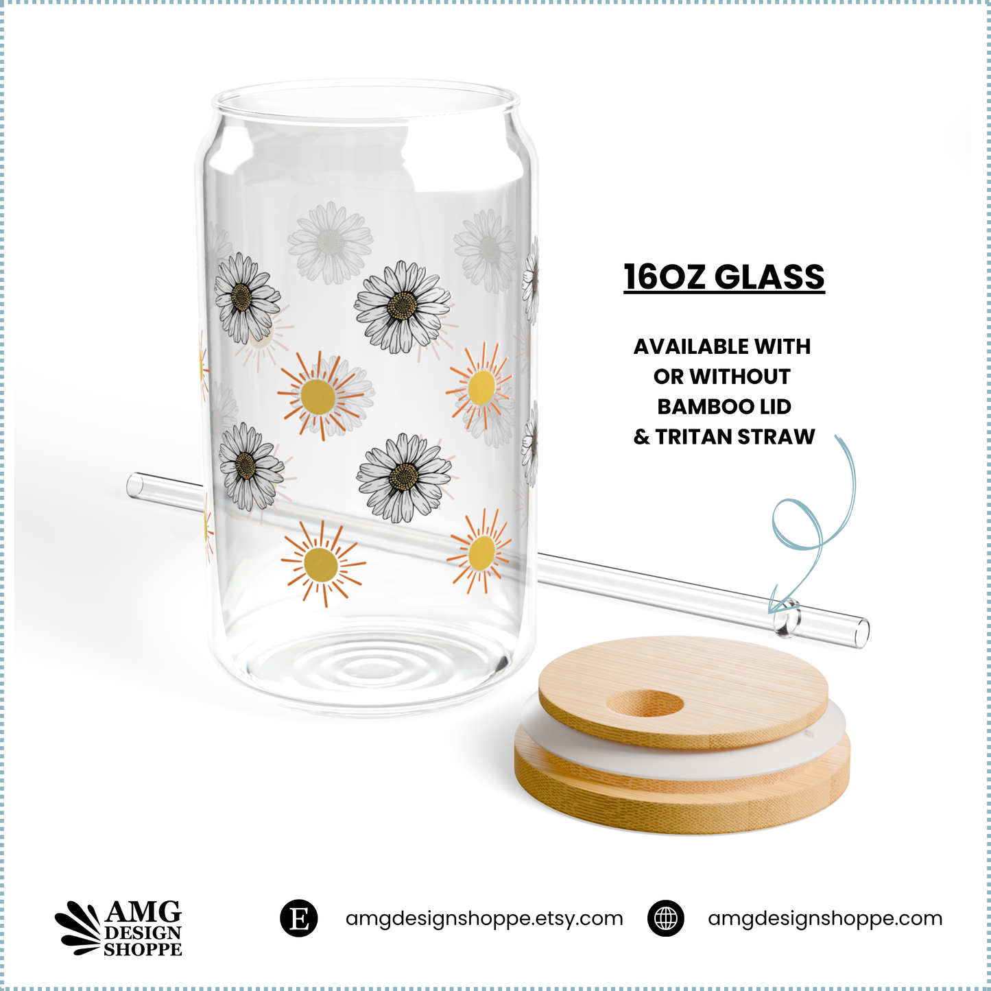 Sunny White Flowers 16oz Can Glass Unique Gift, Eco-Friendly Drinkware, UV DTF