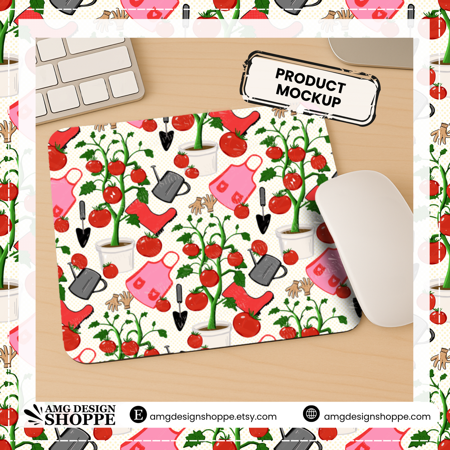 Tomato Garden Seamless Pattern – Cute Gardening Clipart with Aprons, Boots, Watering Cans, and Tomatoes – Digital Download