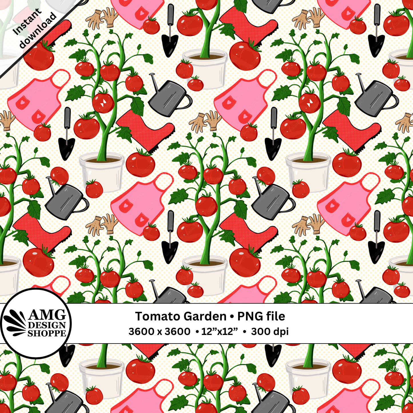 Tomato Garden Seamless Pattern – Cute Gardening Clipart with Aprons, Boots, Watering Cans, and Tomatoes – Digital Download