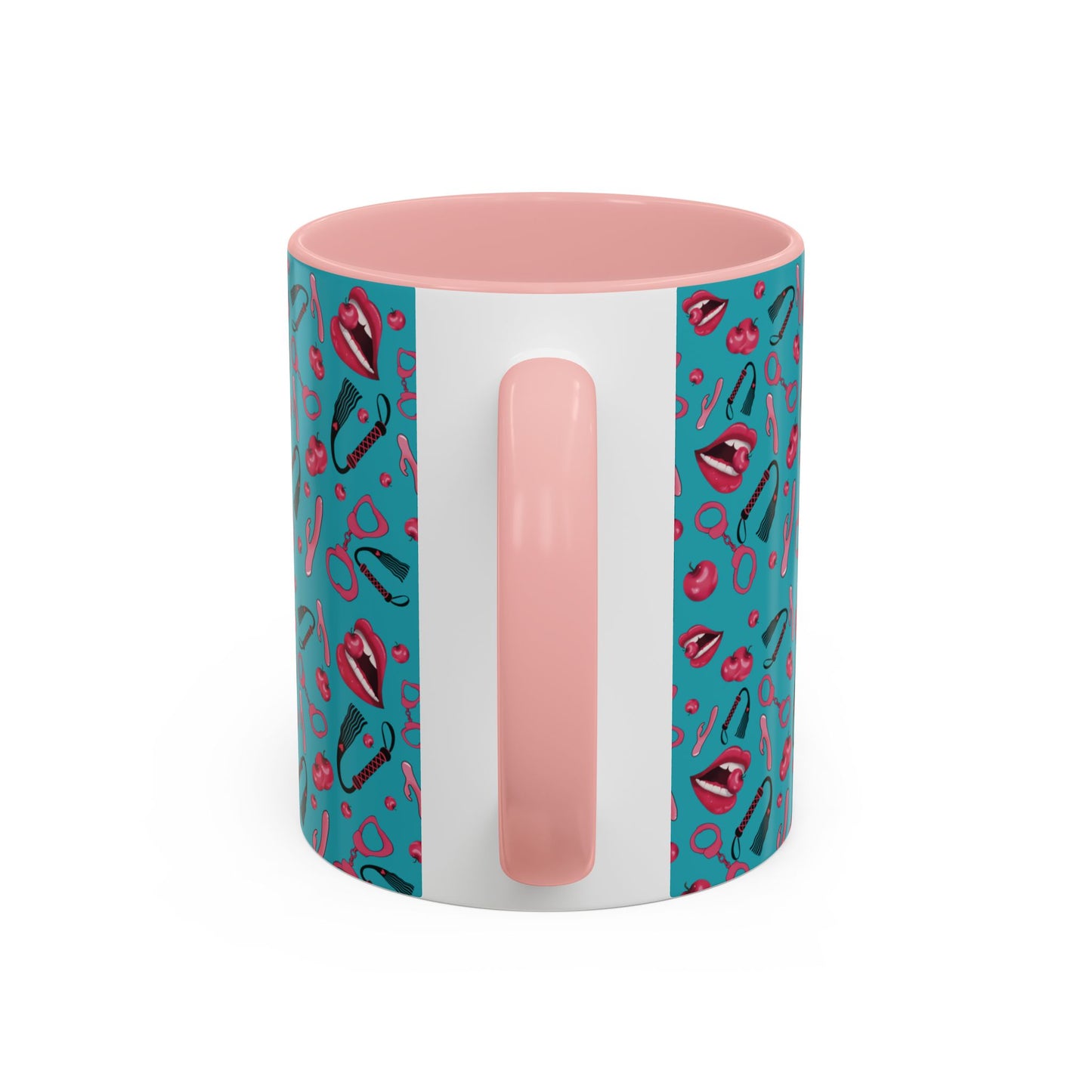 Mug with Playful Mouth, Cherries, and Handcuffs Design