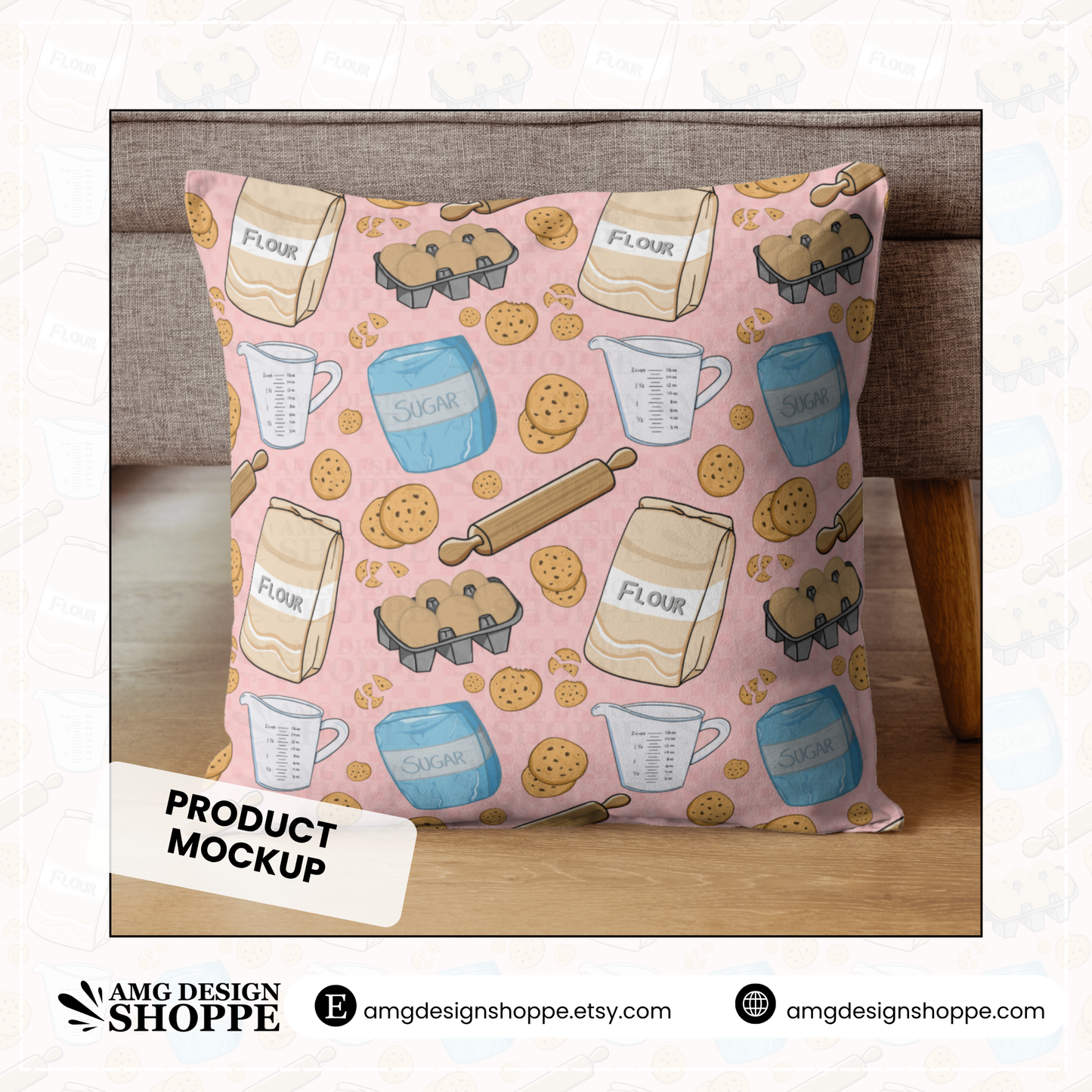 Baking Seamless Pattern – Chocolate Chip Cookies, Flour, Sugar & Kitchen Tools – Cute Digital Background Sublimation, Fabric, Scrapbooking