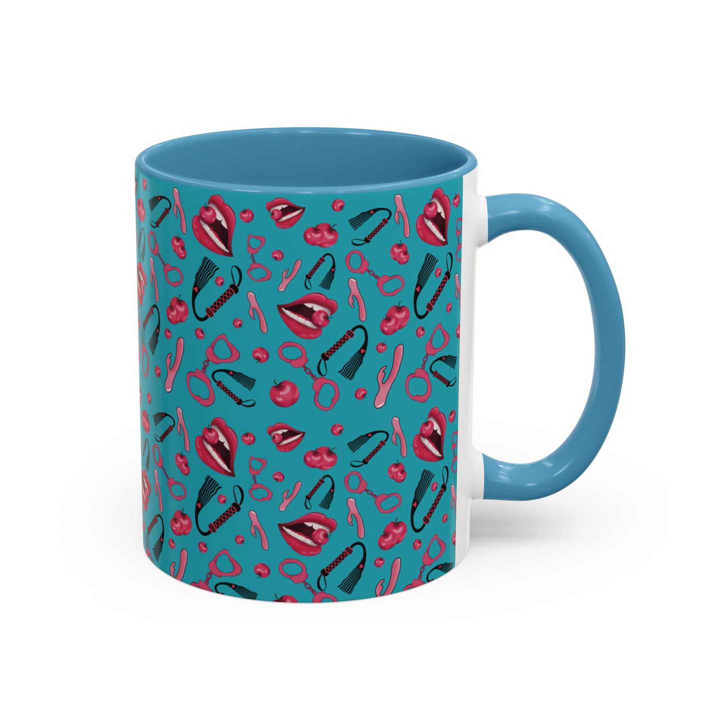 Mug with Playful Mouth, Cherries, and Handcuffs Design