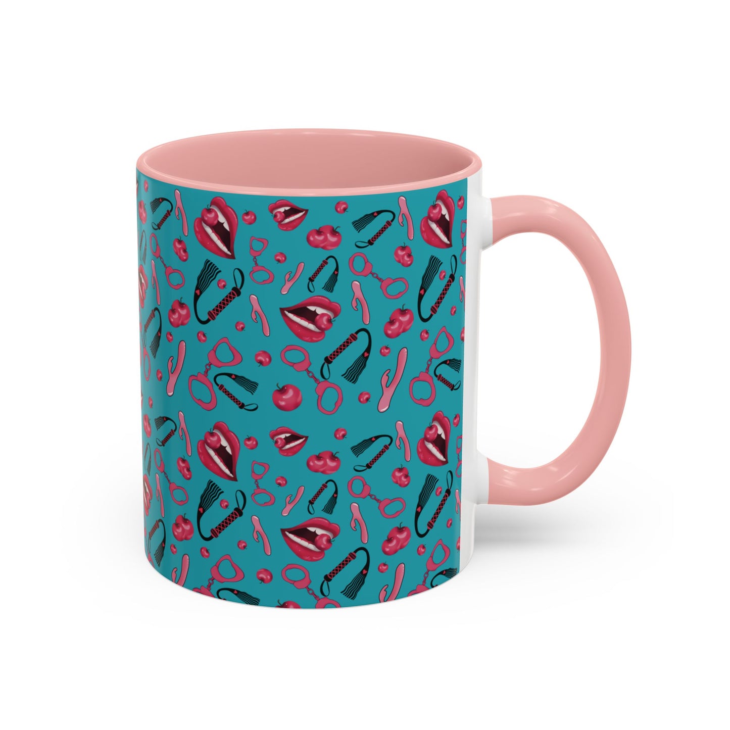 Mug with Playful Mouth, Cherries, and Handcuffs Design