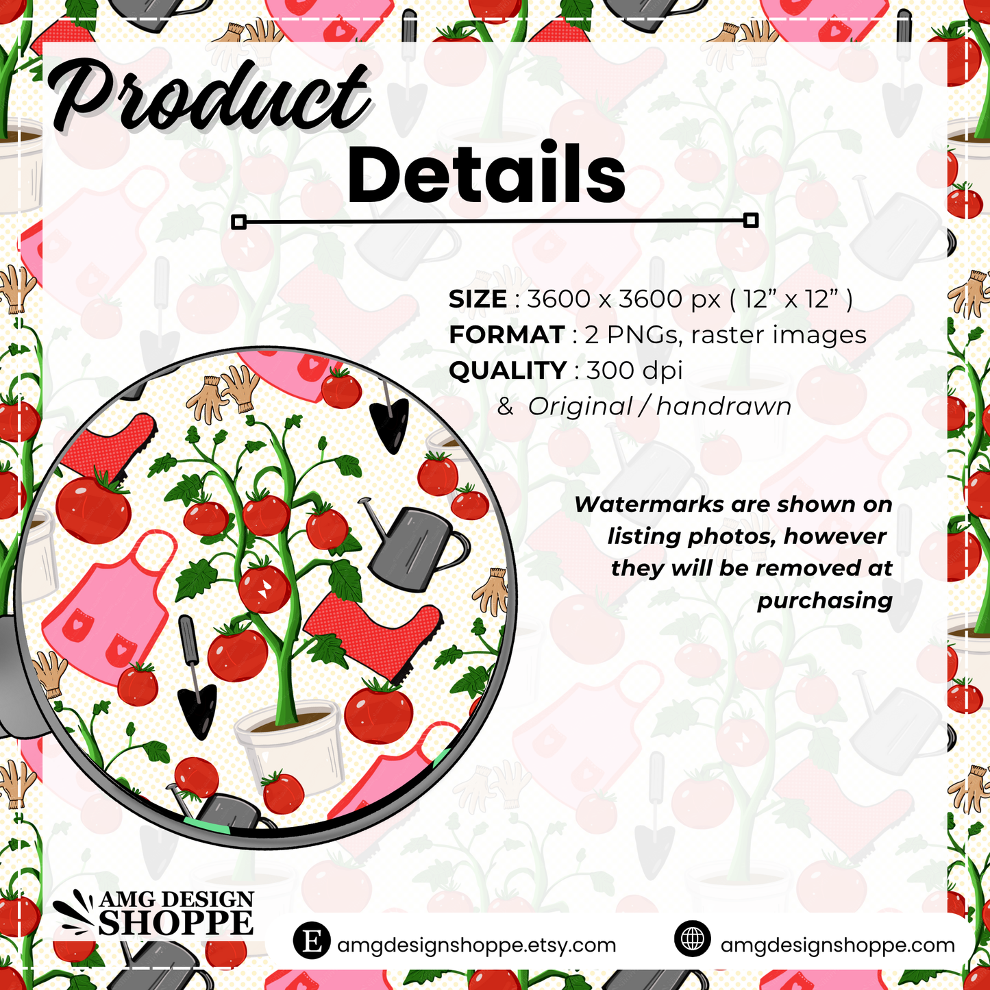Tomato Garden Seamless Pattern – Cute Gardening Clipart with Aprons, Boots, Watering Cans, and Tomatoes – Digital Download