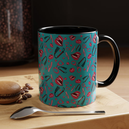 Mug with Playful Mouth, Cherries, and Handcuffs Design