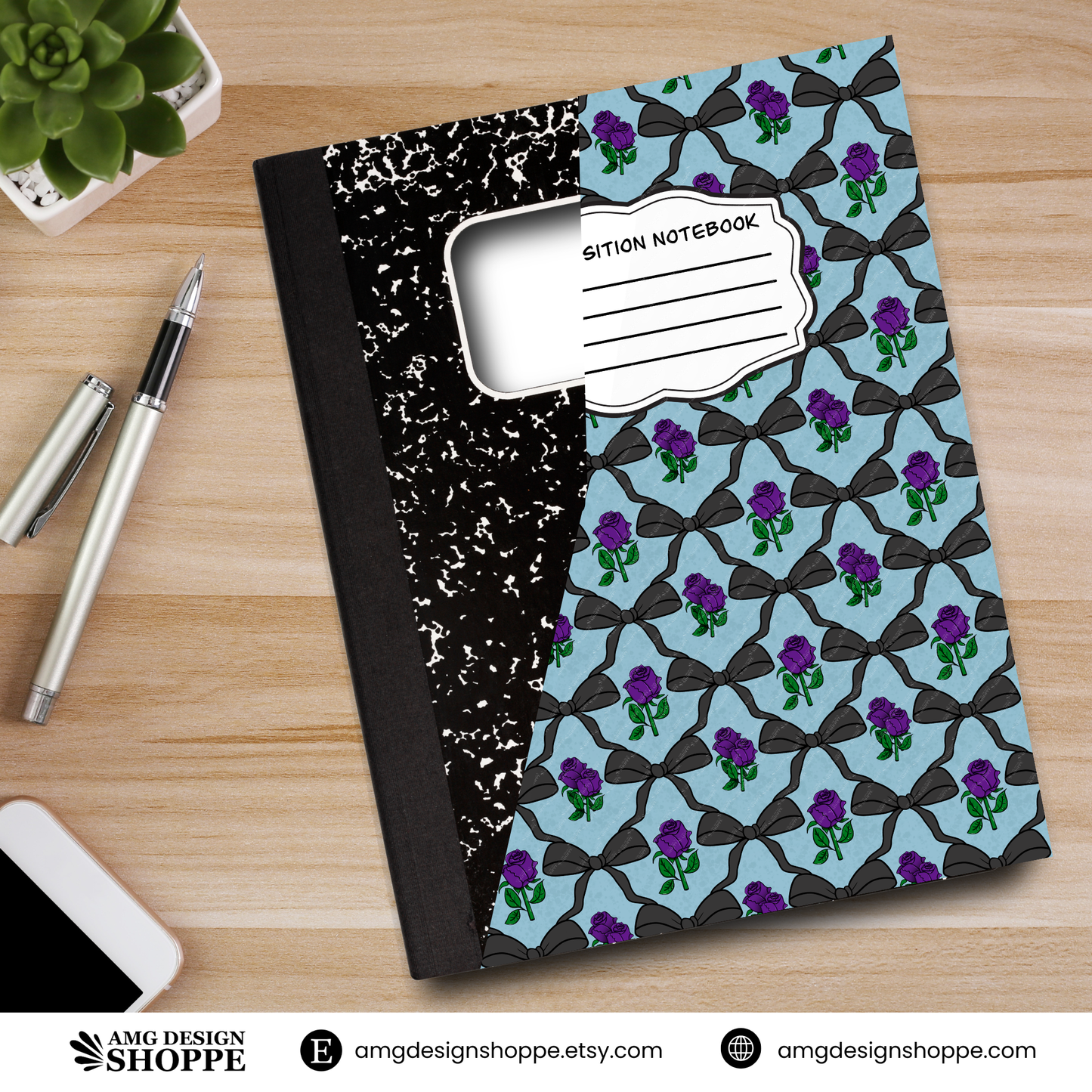 Black Bow & Purple Roses (Composition Notebook)