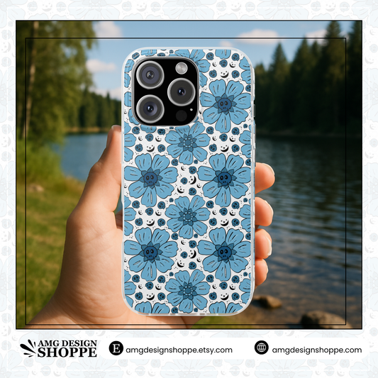 Blue Flower & Skull Flexible Phone Case - Edgy hand drawn Flower Design, Gift for Teens, Summer Vibe, cute skulls, i-phone case