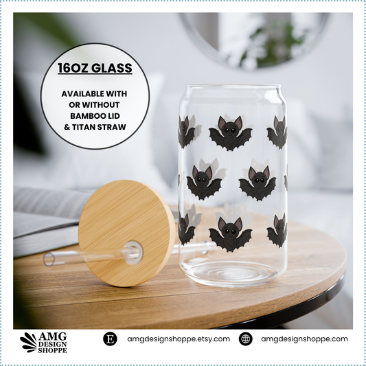 Spooky Bat Halloween-Themed Sipper Glass, 16oz Can Glass Unique Gift for Halloween, Kitchen Decor, Eco-Friendly Drinkware, Spooky Party Supplies