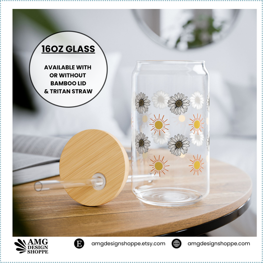Sunny White Flowers 16oz Can Glass Unique Gift, Eco-Friendly Drinkware, UV DTF