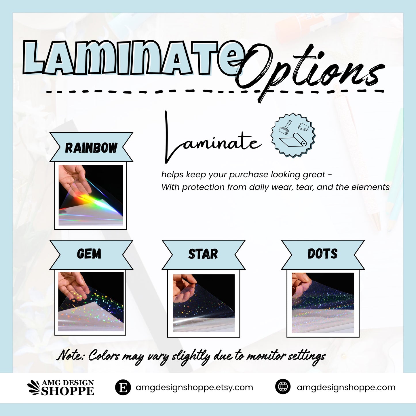 laminate options with images of rainbow, gem, star, and dot finishes.