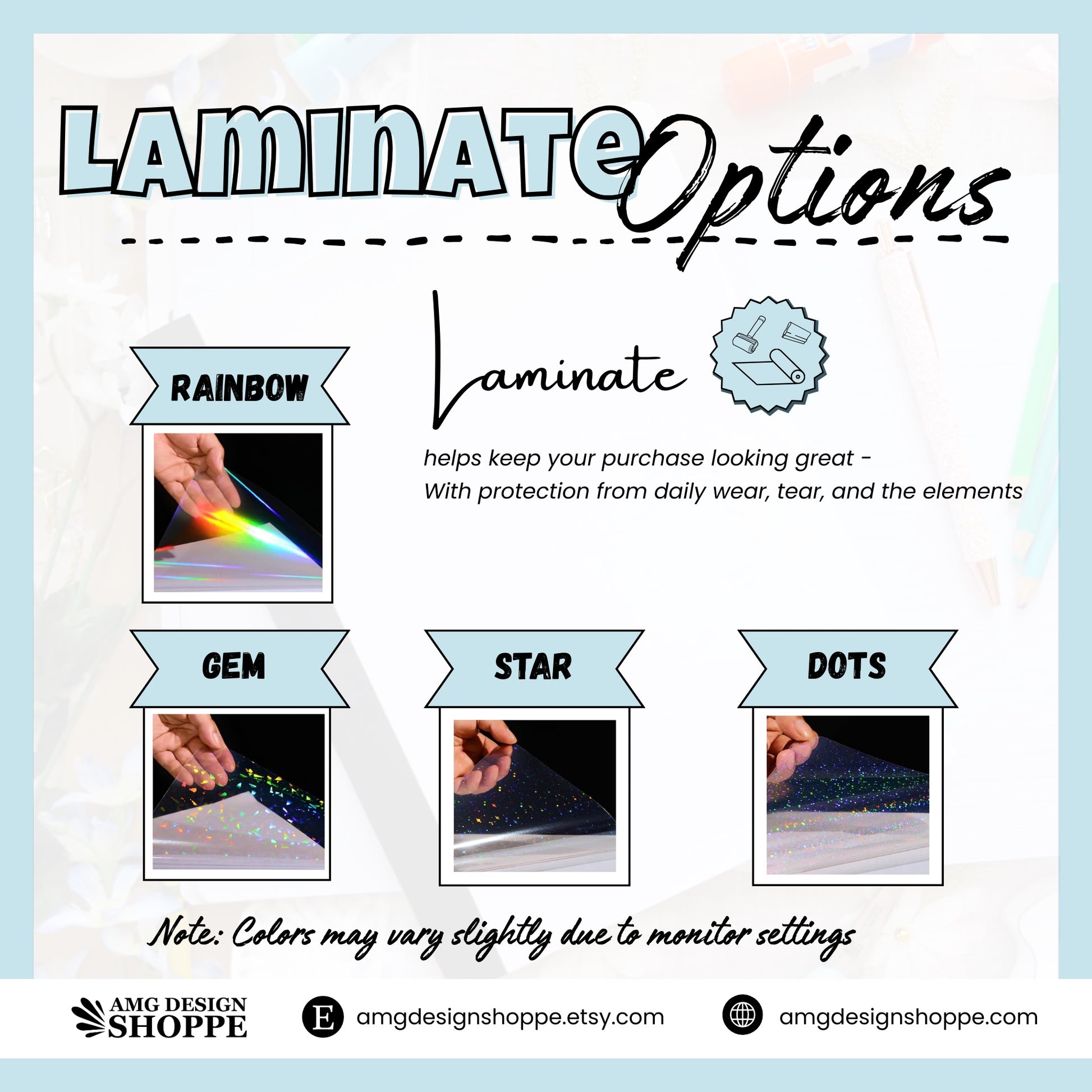 laminate options with images of rainbow, gem, star, and dot finishes.