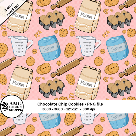 Baking Seamless Pattern – Chocolate Chip Cookies, Flour, Sugar & Kitchen Tools – Cute Digital Background Sublimation, Fabric, Scrapbooking