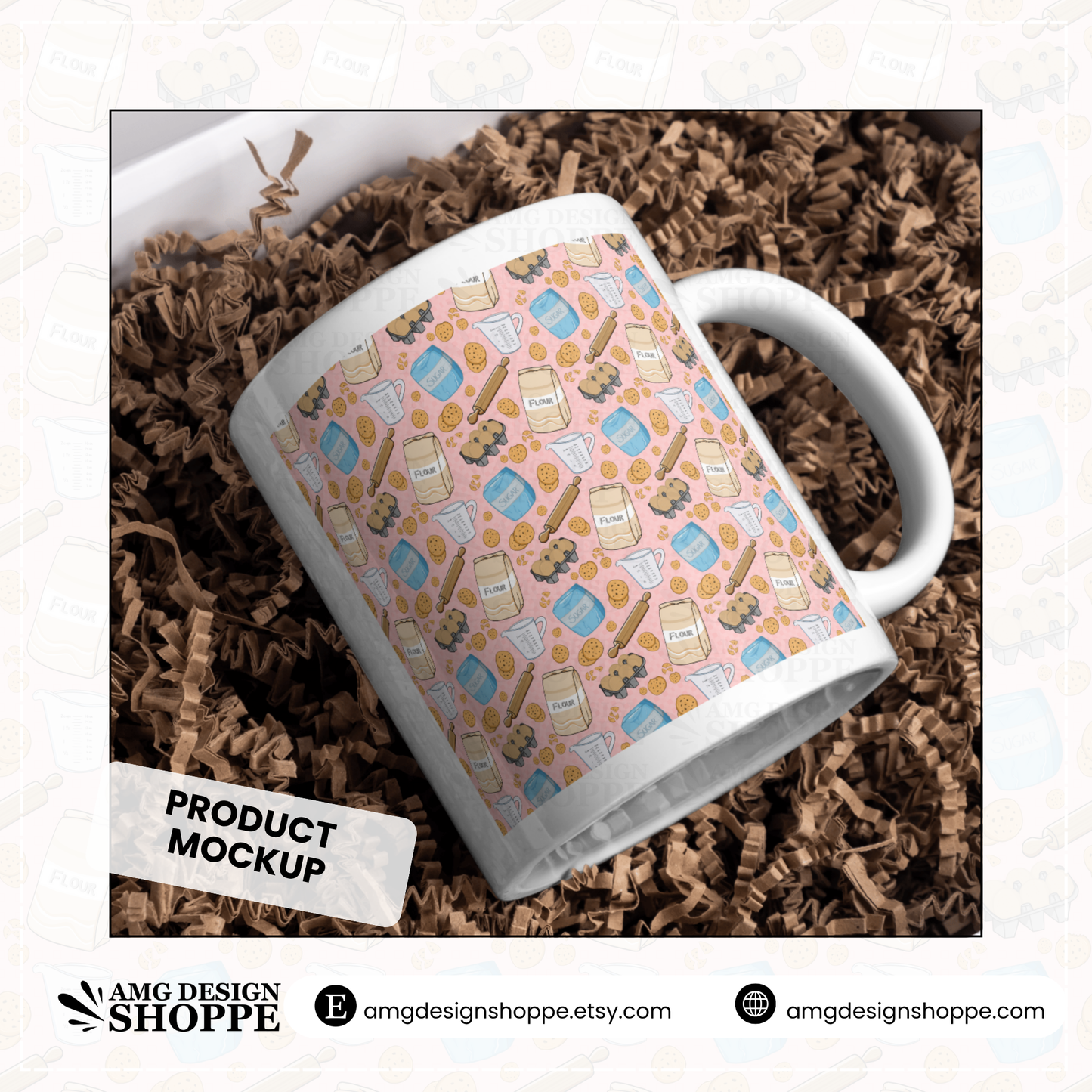 Baking Seamless Pattern – Chocolate Chip Cookies, Flour, Sugar & Kitchen Tools – Cute Digital Background Sublimation, Fabric, Scrapbooking