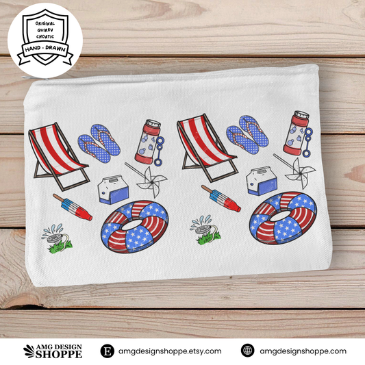 Zipper Pouch with a red, white, and blue beach-themed illustrations laying on a wooden surface.