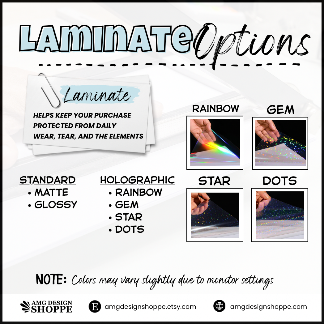 LAMINATE Options' explaining laminate choices for design protection. It shows four options: Standard (matte and glossy), Holographic (rainbow, gem, star, and dots), with small example photos of hands applying showing each rainbow-laminated sheet.